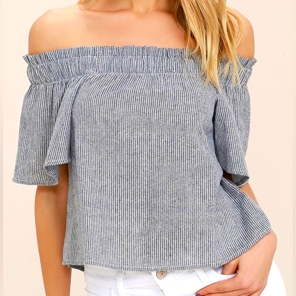 Seas the Day Blue and White Striped Off-the-Shoulder Top